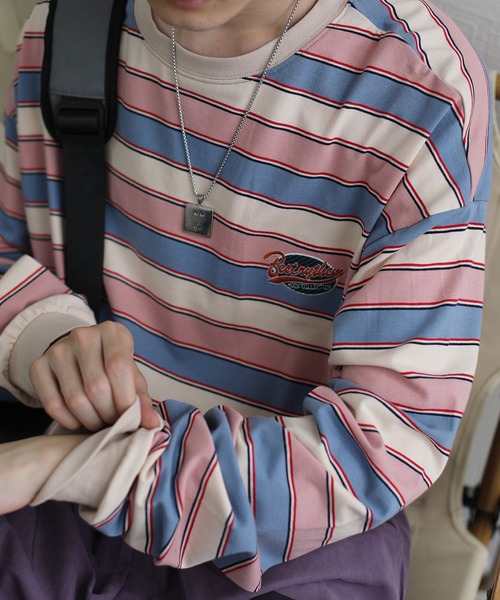 HOOK(フック)の「HOOK -original- アメカジワッペン刺繍配色ボーダーリンガーロングTEE(Tシャツ/カットソー・メンズ・パープル/ベージュ/ピンク/グリーン/ブラック・M/L/XL)」の5枚目の写真