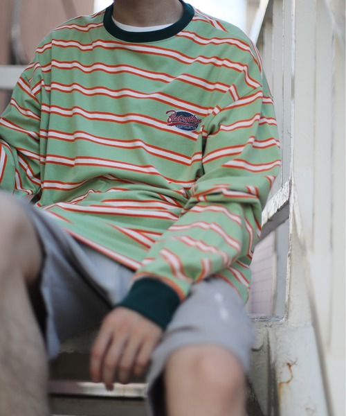 HOOK(フック)の「HOOK -original- アメカジワッペン刺繍配色ボーダーリンガーロングTEE(Tシャツ/カットソー・メンズ・パープル/ベージュ/ピンク/グリーン/ブラック・M/L/XL)」の4枚目の写真