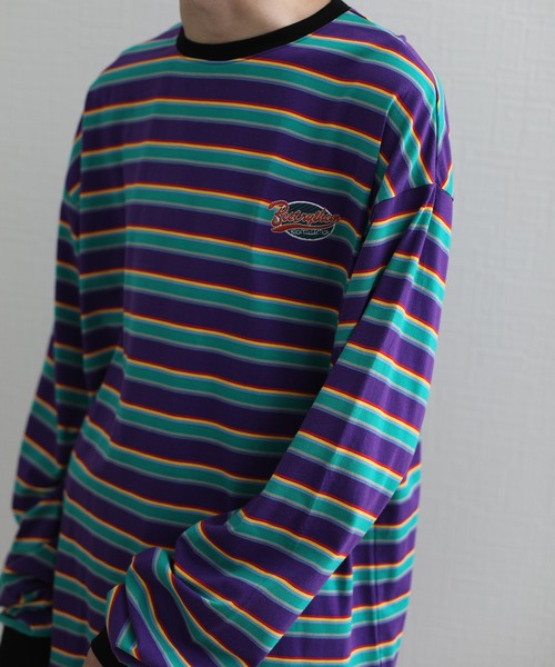 HOOK(フック)の「HOOK -original- アメカジワッペン刺繍配色ボーダーリンガーロングTEE(Tシャツ/カットソー・メンズ・パープル/ベージュ/ピンク/グリーン/ブラック・M/L/XL)」の2枚目の写真
