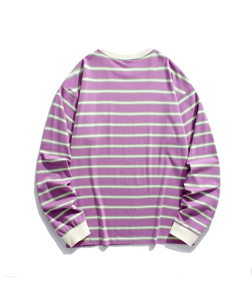 HOOK(フック)の「HOOK -original- アメカジワッペン刺繍配色ボーダーリンガーロングTEE(Tシャツ/カットソー・メンズ・パープル/ベージュ/ピンク/グリーン/ブラック・M/L/XL)」の8枚目の写真