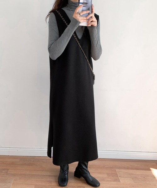 ECLIN(エクラン)の「2WAYメルトンサイドスリットノースリーブロングワンピース(Tシャツ/カットソー・レディース・ブラック/ダークブラウン/ベージュ/グレイッシュベージュ・FREE)」の8枚目の写真