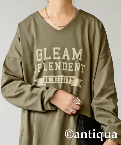 antiqua(アンティカ)の「コットン100%カレッジロゴロンT(Tシャツ/カットソー・レディース・ブルー系その他/ベージュ系その他/ブラウン系その他/アイボリー系/カーキ系/ホワイト系その他/ブラック×グレー/ピンク系その他/ネイビー系/イエロー×グレー・FREE)」の6枚目の写真