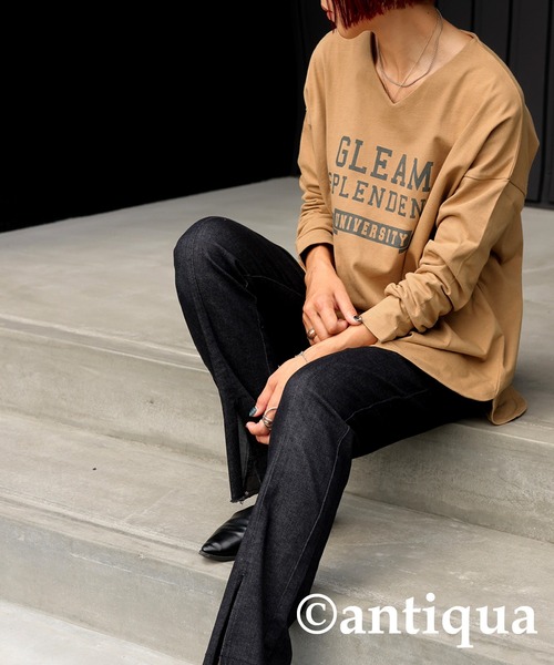 antiqua(アンティカ)の「コットン100%カレッジロゴロンT(Tシャツ/カットソー・レディース・ブルー系その他/ベージュ系その他/ブラウン系その他/アイボリー系/カーキ系/ホワイト系その他/ブラック×グレー/ピンク系その他/ネイビー系/イエロー×グレー・FREE)」の9枚目の写真