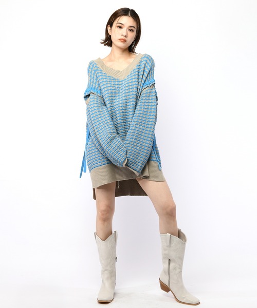 スパイラルガール SPIRALGIRL ソリッドボーダーステッチチュニックニット （ブルー系） ソリッドボーダーステッチチュニックニット SPIRALGIRL