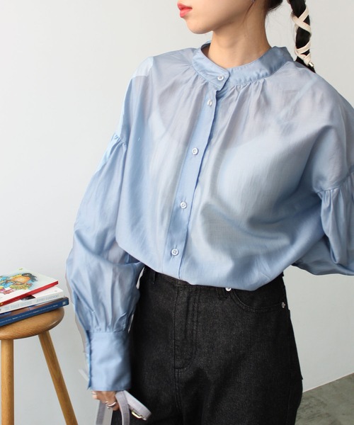 2023SS前後2WAYシアー素材ボリュームスリーブブラウス