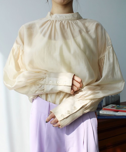 2023SS前後2WAYシアー素材ボリュームスリーブブラウス