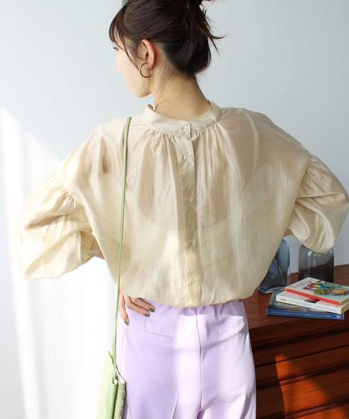 2023SS前後2WAYシアー素材ボリュームスリーブブラウス
