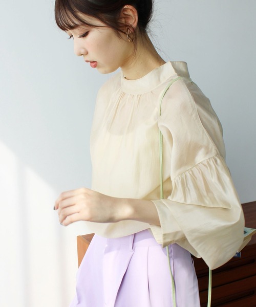 2023SS前後2WAYシアー素材ボリュームスリーブブラウス