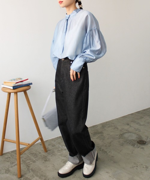 2023SS前後2WAYシアー素材ボリュームスリーブブラウス