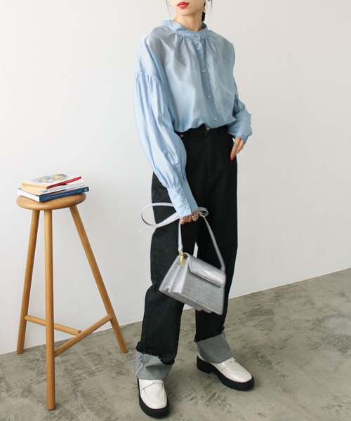 2023SS前後2WAYシアー素材ボリュームスリーブブラウス