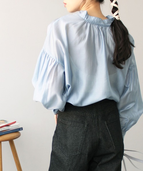 2023SS前後2WAYシアー素材ボリュームスリーブブラウス