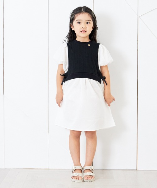 MAKE YOUR DAY（メイクユアデイ）の「レイヤード風パフスリーブワンピース■80～140cm（ワンピース・キッズ・オフホワイト/ブラック・80/90/100/110/120/130/140）」の5枚目の写真