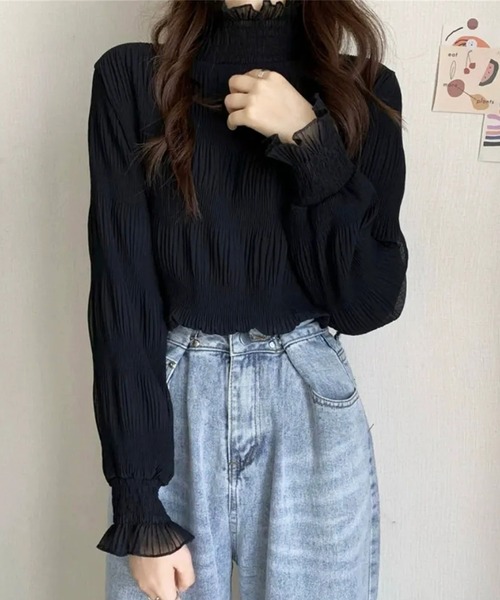 shopnikoniko(ショップニコニコ)の「フリル袖シャーリングシアートップス(シャツ/ブラウス・レディース・ベージュ/ホワイト/ブラック・フリー)」の1枚目の写真