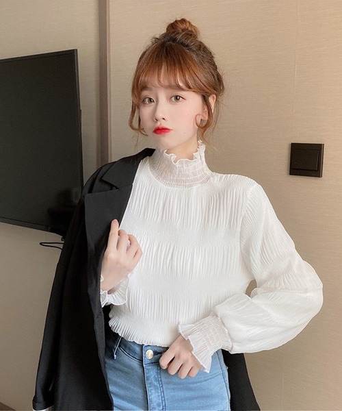 shopnikoniko(ショップニコニコ)の「フリル袖シャーリングシアートップス(シャツ/ブラウス・レディース・ベージュ/ホワイト/ブラック・フリー)」の9枚目の写真