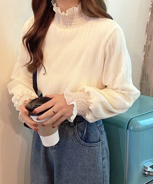 shopnikoniko(ショップニコニコ)の「フリル袖シャーリングシアートップス(シャツ/ブラウス・レディース・ベージュ/ホワイト/ブラック・フリー)」の19枚目の写真