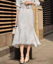 ベルト付き裾フリンジマーメイドツイードスカート