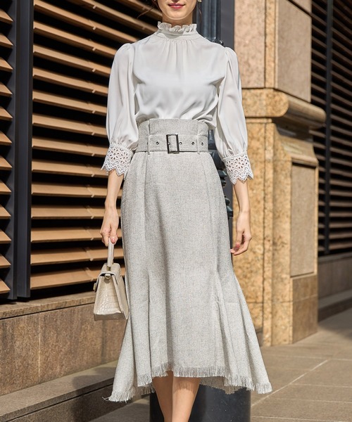 tocco closet（トッコ　クローゼット）の「ベルト付き裾フリンジマーメイドツイードスカート（スカート・レディース・ネイビー/オフホワイト・M）」の20枚目の写真