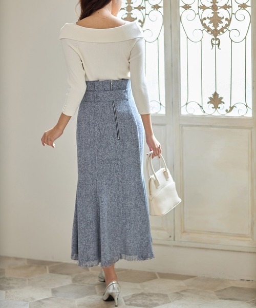 tocco closet（トッコ　クローゼット）の「ベルト付き裾フリンジマーメイドツイードスカート（スカート・レディース・ネイビー/オフホワイト・M）」の21枚目の写真