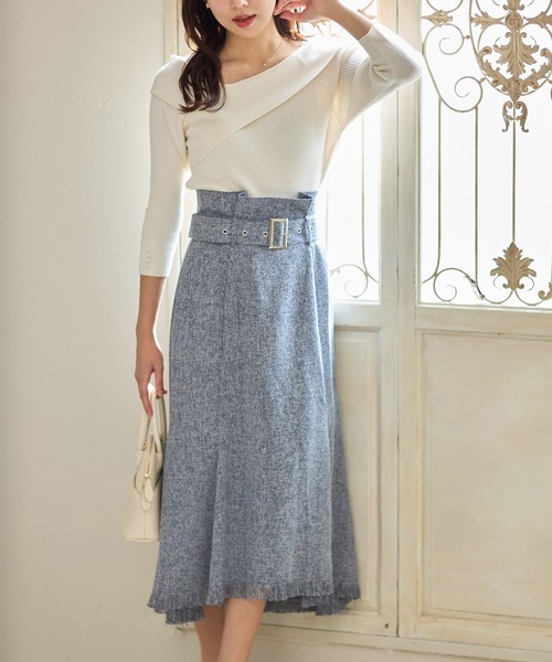 tocco closet（トッコ　クローゼット）の「ベルト付き裾フリンジマーメイドツイードスカート（スカート・レディース・ネイビー/オフホワイト・M）」の14枚目の写真