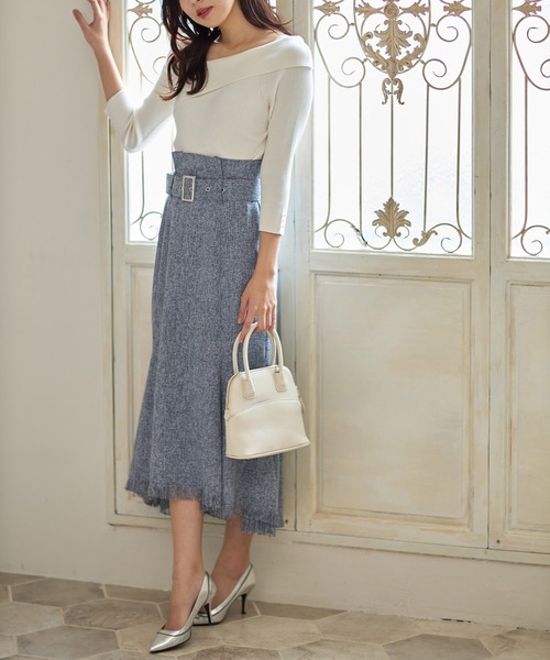 tocco closet（トッコ　クローゼット）の「ベルト付き裾フリンジマーメイドツイードスカート（スカート・レディース・ネイビー/オフホワイト・M）」の16枚目の写真