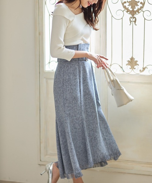 tocco closet（トッコ　クローゼット）の「ベルト付き裾フリンジマーメイドツイードスカート（スカート・レディース・ネイビー/オフホワイト・M）」の4枚目の写真