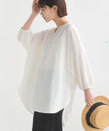 OMNES | 接触冷感ヘンリーネック5分袖裾ラウンドプルオーバー(Tシャツ/カットソー)