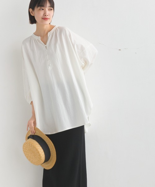 セール】接触冷感ヘンリーネック5分袖裾ラウンドプルオーバー（Tシャツ