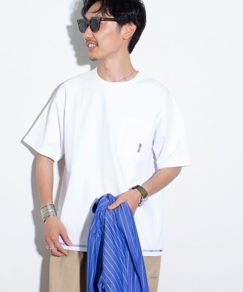GLOSTER（グロスター）の「【GLOSTER/グロスター】ギザギザステッチ ポケT ポケットTシャツ 無地（Tシャツ/カットソー・メンズ・ブルー/チャコールグレー/ホワイト/キナリ・S/M/L）」の2枚目の写真