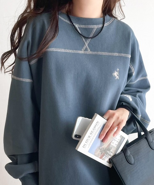 Java(ジャバ)の「《JaVaジャバ 別注》冬に大活躍!ふんわり暖か。大人の裏起毛配色ステッチロゴ オーバーサイズ スウェット(スウェット・レディース・ブルー/チャコールグレー/オフホワイト/グリーン/ベージュ/ネイビー/オートミール・LARGE/MEDIUM/SMALL/X-LARGE)」の7枚目の写真