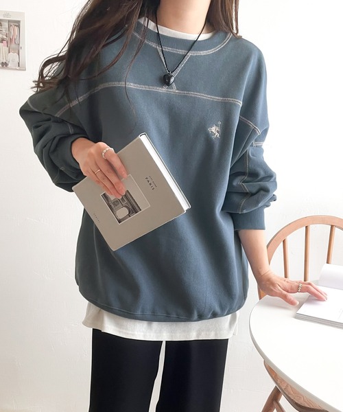 Java(ジャバ)の「《JaVaジャバ 別注》冬に大活躍!ふんわり暖か。大人の裏起毛配色ステッチロゴ オーバーサイズ スウェット(スウェット・レディース・ブルー/チャコールグレー/オフホワイト/グリーン/ベージュ/ネイビー/オートミール・LARGE/MEDIUM/SMALL/X-LARGE)」の11枚目の写真