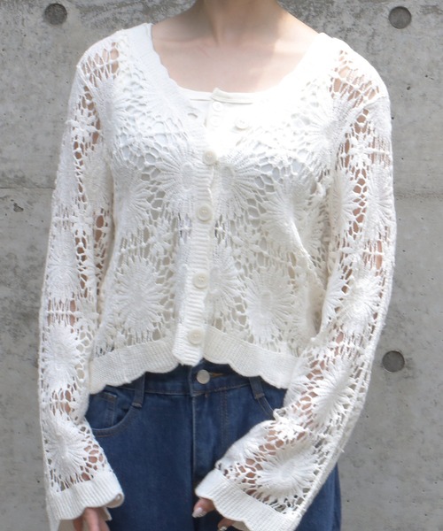 Lamoa（ラモア）の「Lamoa/クロシェ編み　花柄ニットカーディガン（カーディガン/ボレロ・レディース・アイボリー/ブラック/ベージュ/グリーン・MEDIUM）」の6枚目の写真