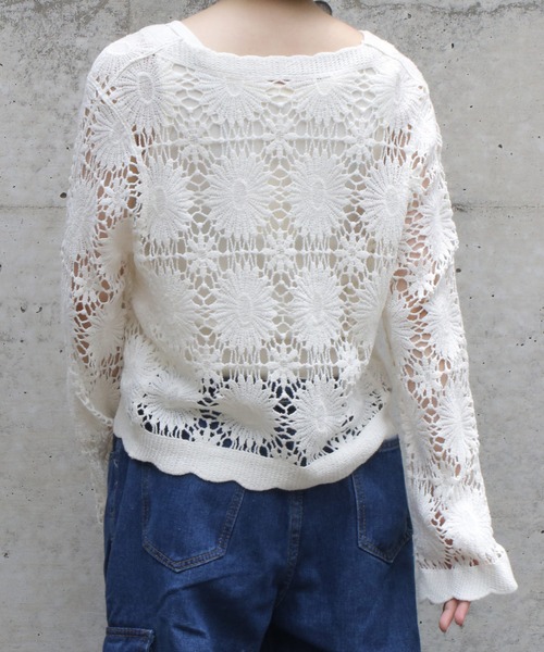 Lamoa（ラモア）の「Lamoa/クロシェ編み　花柄ニットカーディガン（カーディガン/ボレロ・レディース・アイボリー/ブラック/ベージュ/グリーン・MEDIUM）」の10枚目の写真