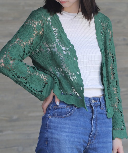 Lamoa（ラモア）の「Lamoa/クロシェ編み　花柄ニットカーディガン（カーディガン/ボレロ・レディース・アイボリー/ブラック/ベージュ/グリーン・MEDIUM）」の22枚目の写真