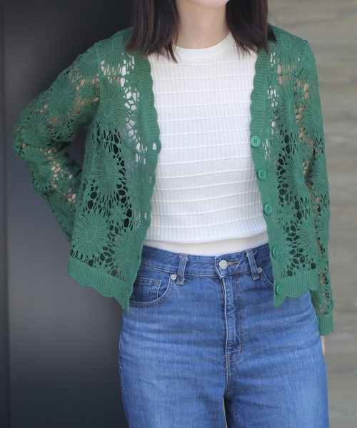 Lamoa（ラモア）の「Lamoa/クロシェ編み　花柄ニットカーディガン（カーディガン/ボレロ・レディース・アイボリー/ブラック/ベージュ/グリーン・MEDIUM）」の21枚目の写真