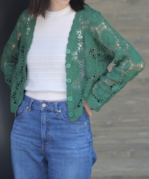 Lamoa（ラモア）の「Lamoa/クロシェ編み　花柄ニットカーディガン（カーディガン/ボレロ・レディース・アイボリー/ブラック/ベージュ/グリーン・MEDIUM）」の20枚目の写真