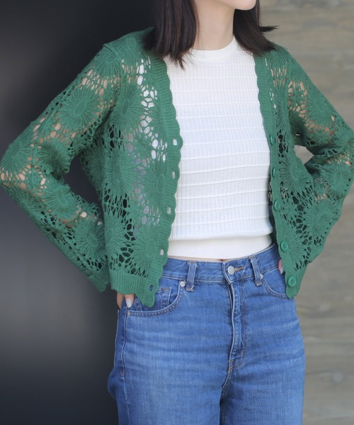 Lamoa（ラモア）の「Lamoa/クロシェ編み　花柄ニットカーディガン（カーディガン/ボレロ・レディース・アイボリー/ブラック/ベージュ/グリーン・MEDIUM）」の19枚目の写真