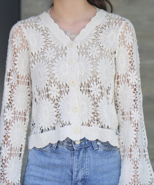 Lamoa（ラモア）の「Lamoa/クロシェ編み　花柄ニットカーディガン（カーディガン/ボレロ・レディース・アイボリー/ブラック/ベージュ/グリーン・MEDIUM）」の14枚目の写真