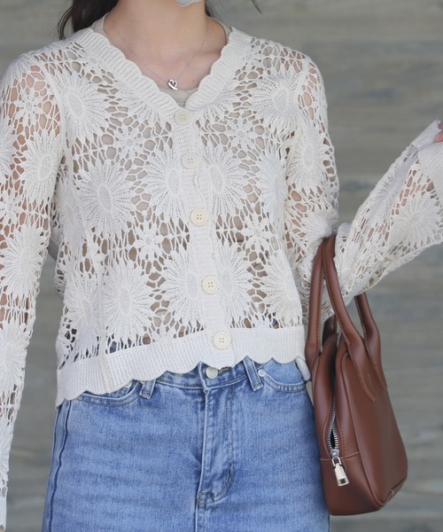 Lamoa（ラモア）の「Lamoa/クロシェ編み　花柄ニットカーディガン（カーディガン/ボレロ・レディース・アイボリー/ブラック/ベージュ/グリーン・MEDIUM）」の13枚目の写真