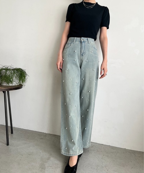 Rejoule(リジュール)の「パール付きワイドデニムパンツ(デニムパンツ・レディース・ライトブルー・M/S/L)」の7枚目の写真