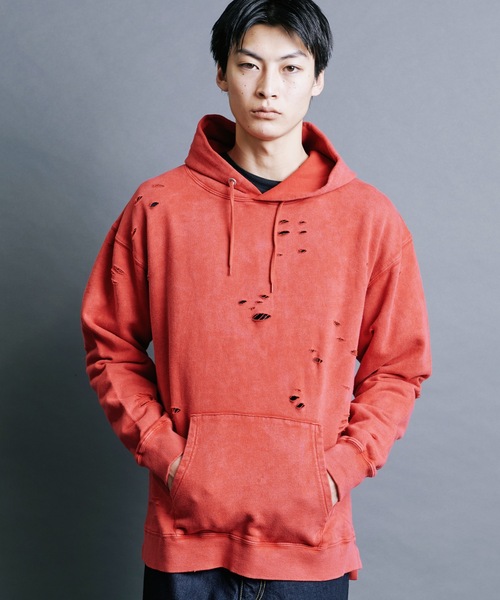 Magine(マージン)の「【SELECT】IR:SULFUR DAMEGED SWEAT PARKA:裏毛硫化染め ダメージスウェットパーカ(パーカー・メンズ・ベージュ/ブラック/レッド・M/L)」の12枚目の写真