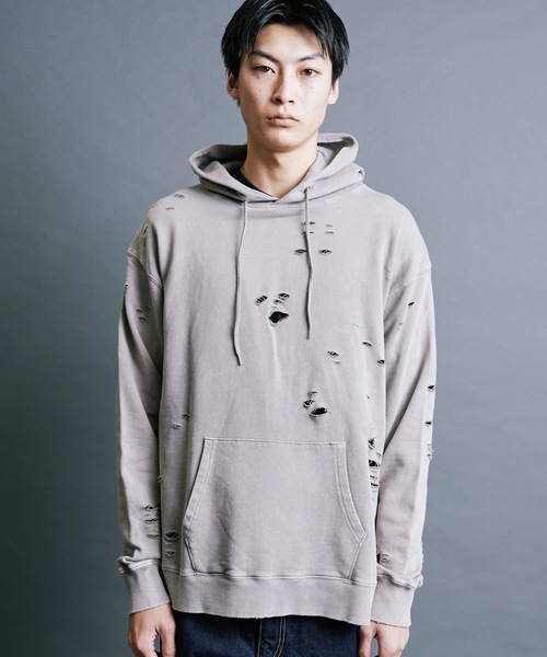 Magine(マージン)の「【SELECT】IR:SULFUR DAMEGED SWEAT PARKA:裏毛硫化染め ダメージスウェットパーカ(パーカー・メンズ・ベージュ/ブラック/レッド・M/L)」の8枚目の写真