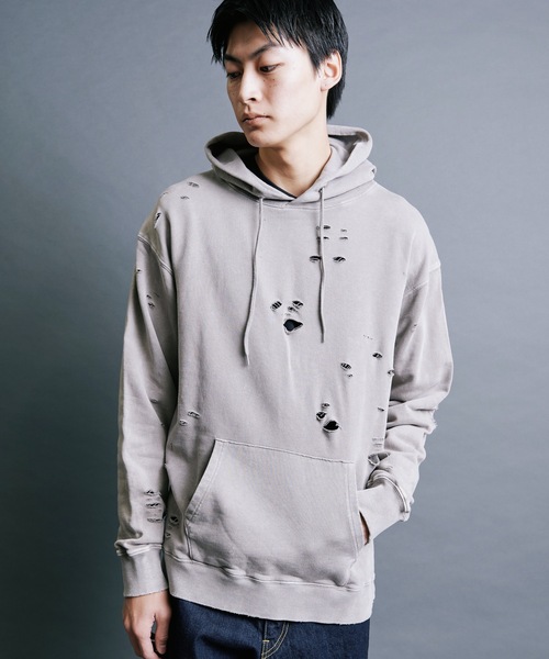 Magine(マージン)の「【SELECT】IR:SULFUR DAMEGED SWEAT PARKA:裏毛硫化染め ダメージスウェットパーカ(パーカー・メンズ・ベージュ/ブラック/レッド・M/L)」の9枚目の写真