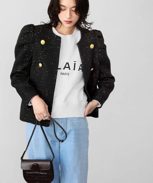 パワーショルダーノーカラーツイードジャケット（ノーカラー