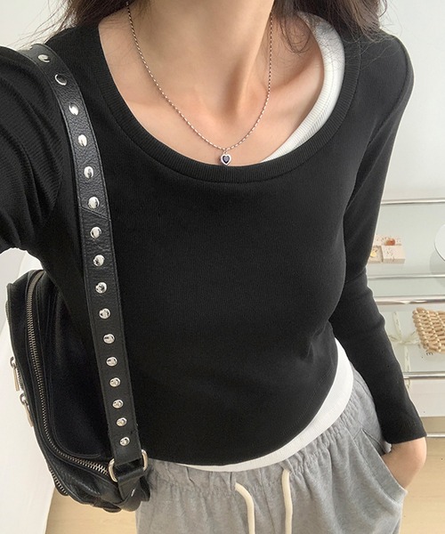MILAE（ミレ）の「レイヤード風クロップド丈ロンT（Tシャツ/カットソー・レディース・ホワイト/ライトカーキ/ブラウン/ブラック/ダークグレー・S/M/L）」の2枚目の写真