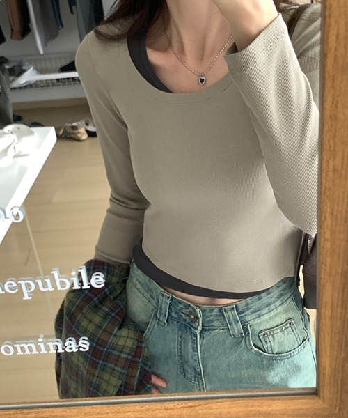MILAE（ミレ）の「レイヤード風クロップド丈ロンT（Tシャツ/カットソー・レディース・ホワイト/ライトカーキ/ブラウン/ブラック/ダークグレー・S/M/L）」の8枚目の写真