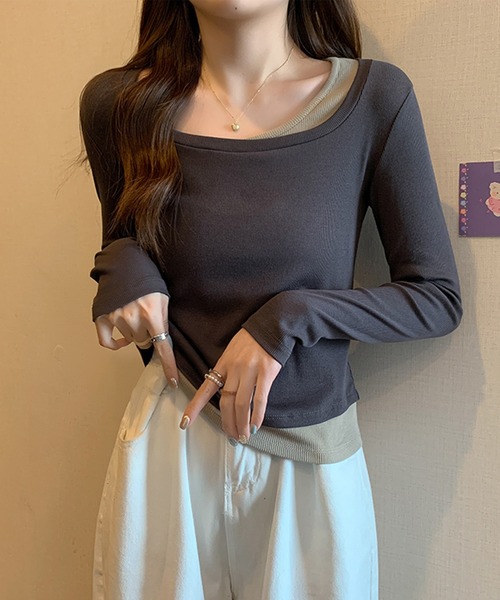 MILAE（ミレ）の「レイヤード風クロップド丈ロンT（Tシャツ/カットソー・レディース・ホワイト/ライトカーキ/ブラウン/ブラック/ダークグレー・S/M/L）」の13枚目の写真