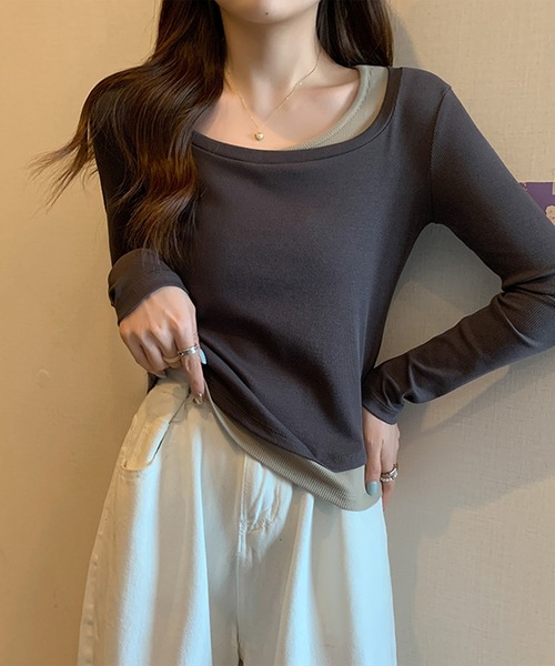 MILAE（ミレ）の「レイヤード風クロップド丈ロンT（Tシャツ/カットソー・レディース・ホワイト/ライトカーキ/ブラウン/ブラック/ダークグレー・S/M/L）」の14枚目の写真