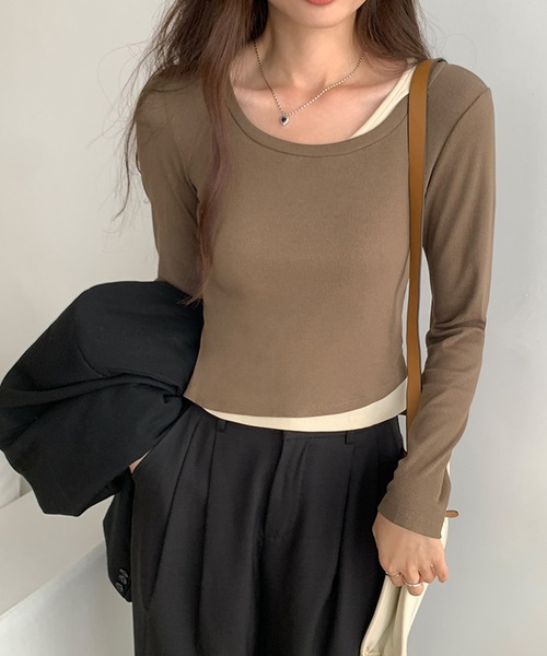 MILAE（ミレ）の「レイヤード風クロップド丈ロンT（Tシャツ/カットソー・レディース・ホワイト/ライトカーキ/ブラウン/ブラック/ダークグレー・S/M/L）」の16枚目の写真