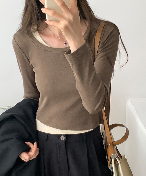 MILAE（ミレ）の「レイヤード風クロップド丈ロンT（Tシャツ/カットソー・レディース・ホワイト/ライトカーキ/ブラウン/ブラック/ダークグレー・S/M/L）」の17枚目の写真