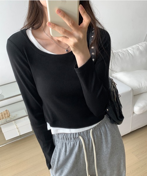 MILAE（ミレ）の「レイヤード風クロップド丈ロンT（Tシャツ/カットソー・レディース・ホワイト/ライトカーキ/ブラウン/ブラック/ダークグレー・S/M/L）」の22枚目の写真